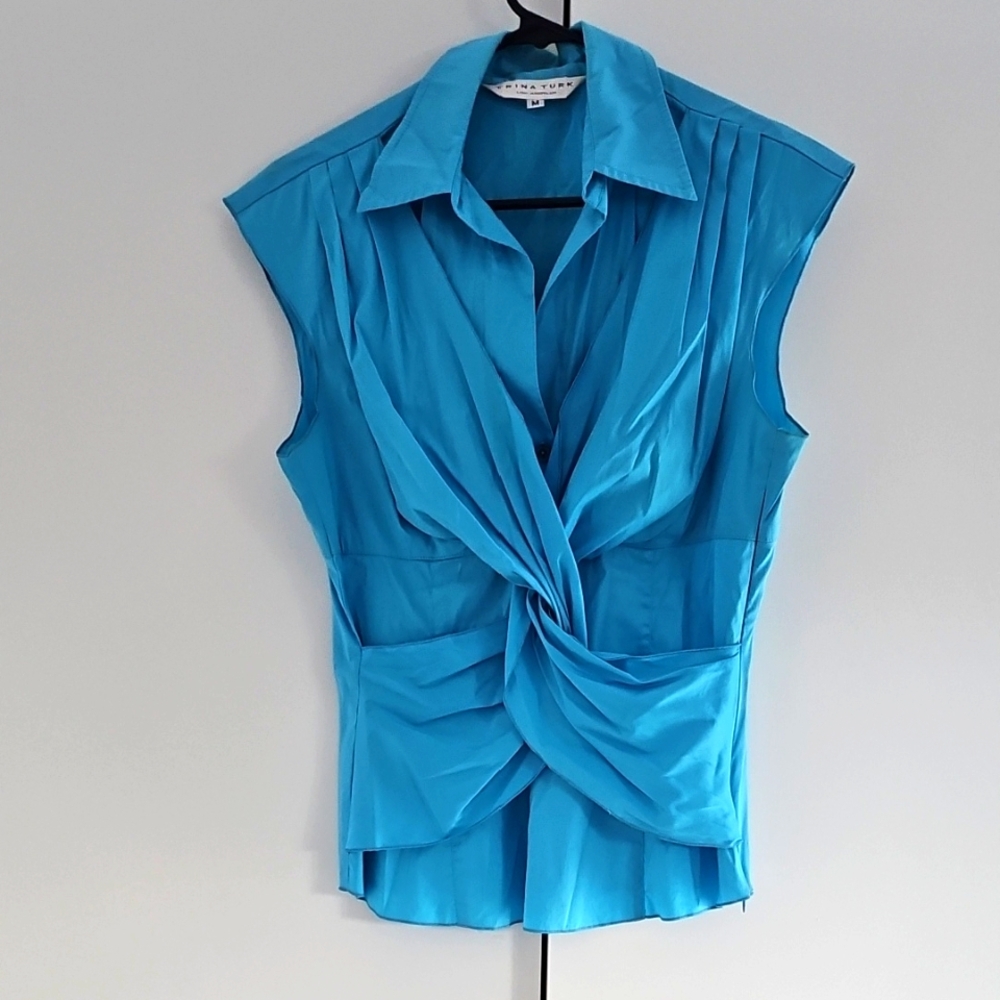 Trina Turk Blue Tie Front Pleated Blouse